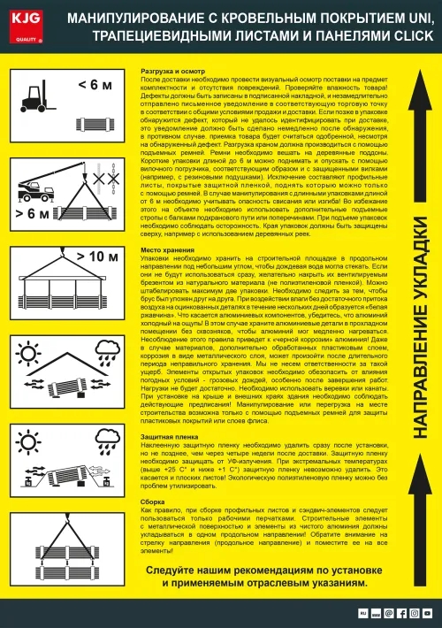 Манипулирование с кровельным покрытием UNI, трапециевидными листами и панелями CLICK