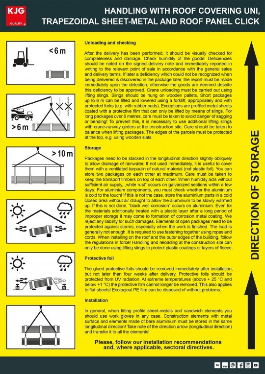 Handling with roof covering UNI, trapezoidal sheet-metal and roof panel CLICK